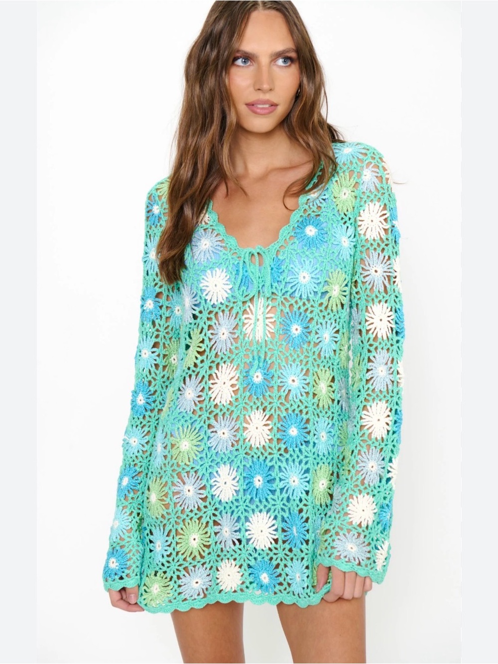 Show Me Your MuMu Aqua & Mint Crochet Floral Tunic
